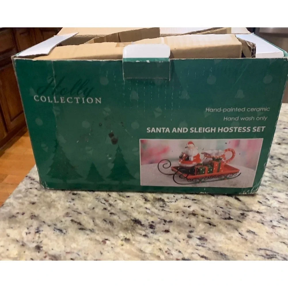 Christmas Sleigh hostess‎ set hand paint coffee or tea set red & green